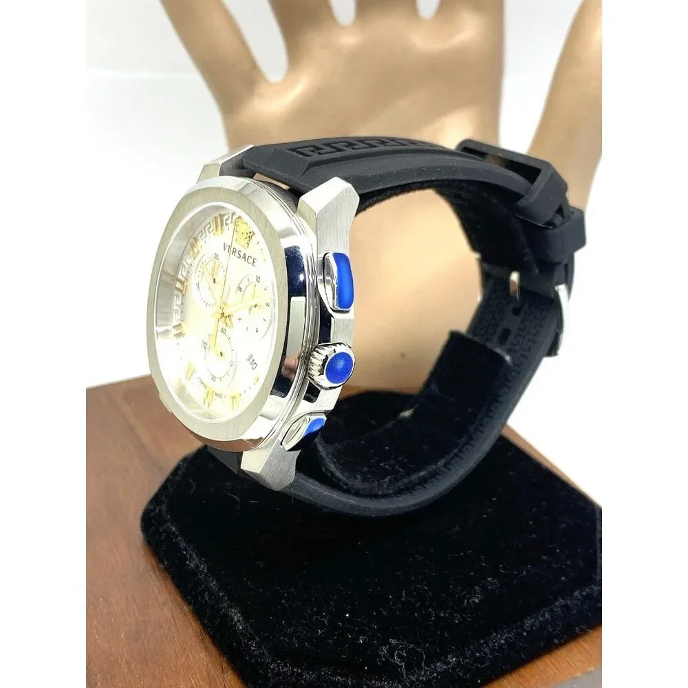 Versace Men's Watch VE7CA0123 Swiss Quartz Chronograph Silver Black Rubber 43mm
